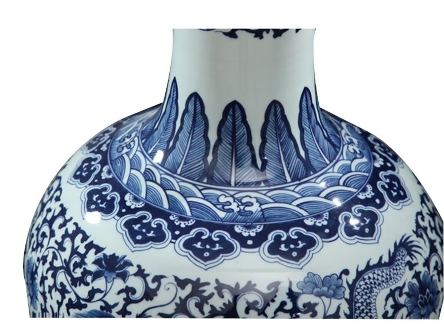 Jarrón Chino de Porcelana Dragón Azul Blanca Pintado a Mano D21xAlt.53cm