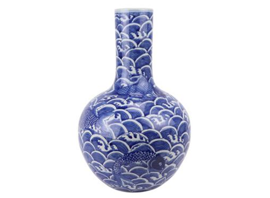 Vase Chinois Porcelaine Bleu Blanc Grand Koi Peint à la Main D28xH43cm