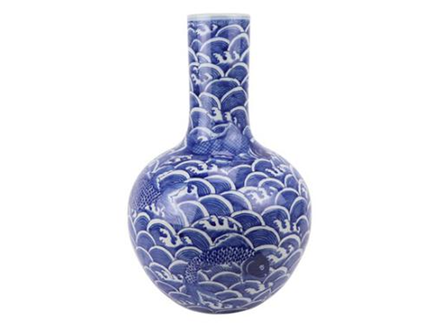 Jarrón Chino de Porcelana Grande Koi Pintado a Mano Azul Blanco D28xAlt43cm