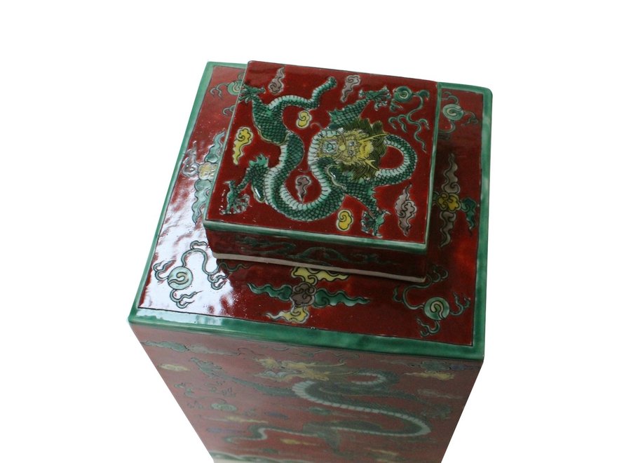 Fine Asianliving Pot à Gingembre Chinois Dragon Rouge Peint à la Main L18xP18xH34cm