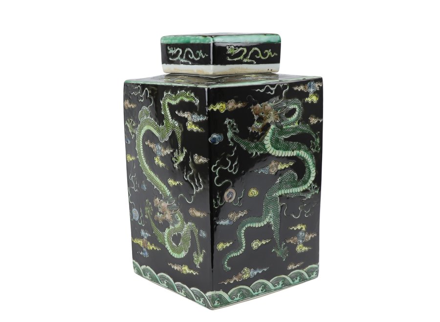 Chinesischer Deckelvase Porzellan Handbemalt Drache Schwarz B18xT18xH30cm