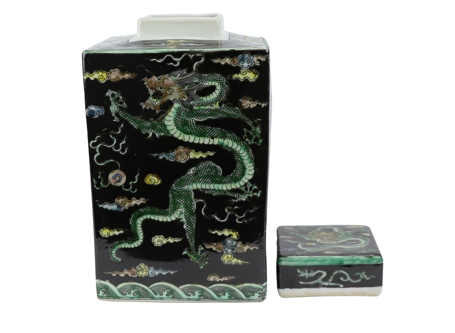 Chinesische Vase mit Deckel Porzellan Handbemalt Drache Schwarz B18xT18xH30cm