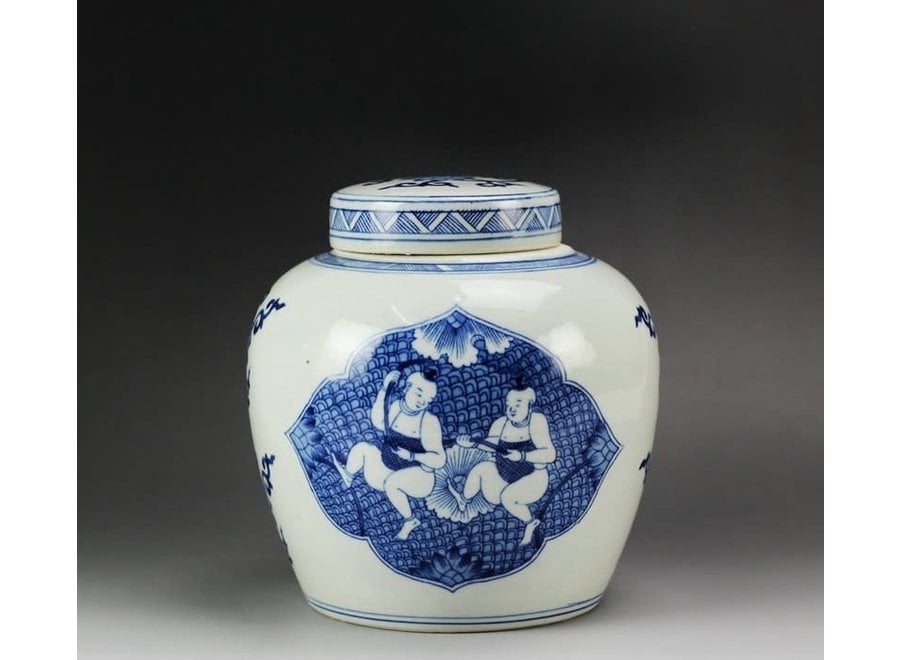 Fine Asianliving Vaso Ginger Jar Cinese in Porcellana Bambini Dipinti a Mano Blu L23xA23cm