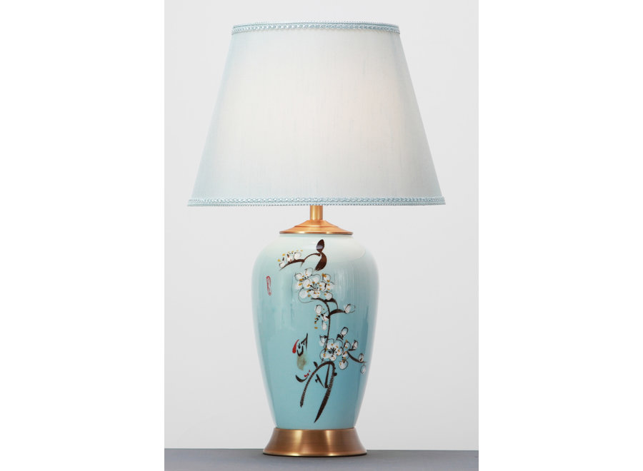 Chinese Table Lamp Porcelain with Lampshade Handpainted Blue Blossoms