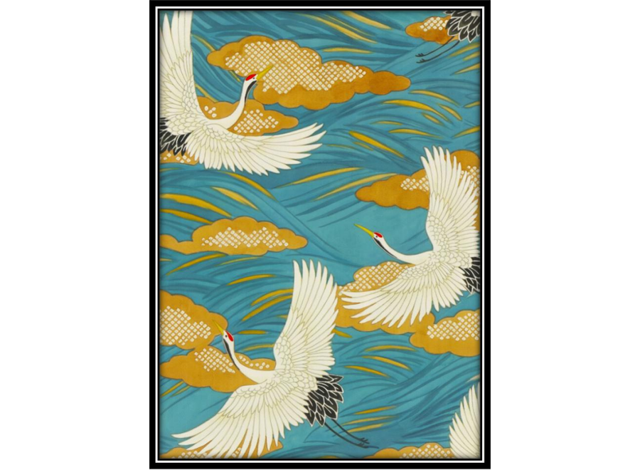 Fine Asianliving Aquarelle Painting Handmade Japanese Cranes with Frame Solid Wood 75x55cm Blue