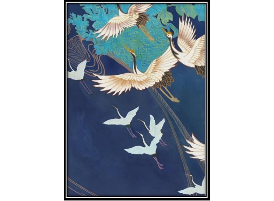 Aquarelle Handmade Painting Japanese Cranes with Frame Solid Wood 75x55cm Navy