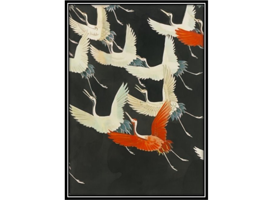Acquarello Dipinto a Mano Gru Giapponesi con Cornice in Legno Massello 75x55cm Nero