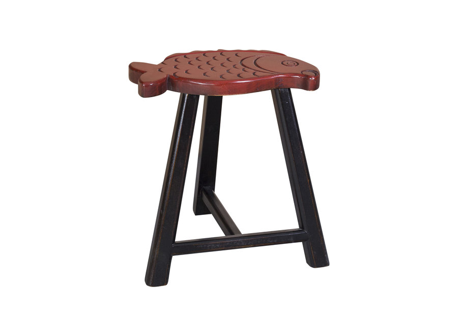 Chinese Stool Solid Wood Oriental Fish Design Red H49cm