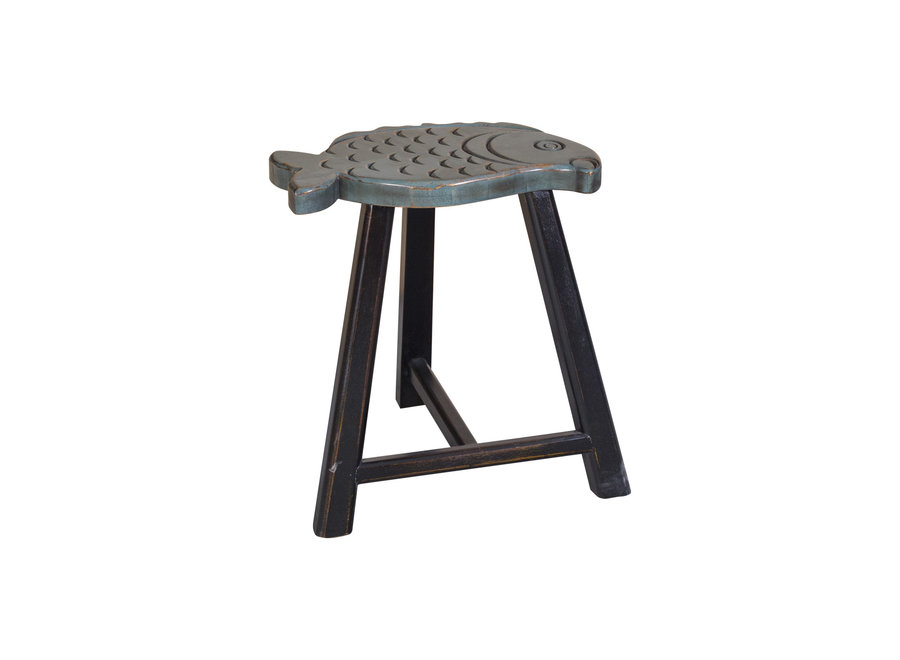 Fine Asianliving Chinese Stool Solid Wood Oriental Fish Design Grey H49cm