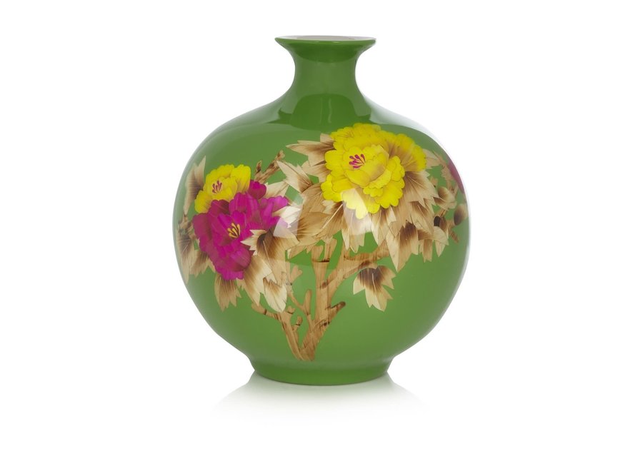 Chinese Vase Porcelain Handmade Peony Green H29.5cm