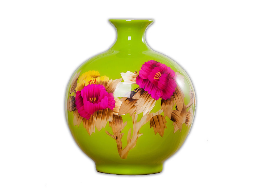 Vase Chinois Porcelaine Paille de blé Pivoine Vert Fait Main D25xH29.5cm