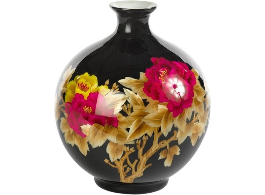 Chinese Vase Porcelain Handmade Peony Black H29.5cm