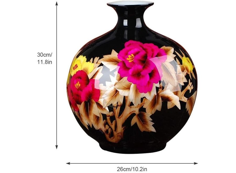 Chinesische Vase Porzellan Handgefertigt Pfingstrose Schwarz H29.5cm