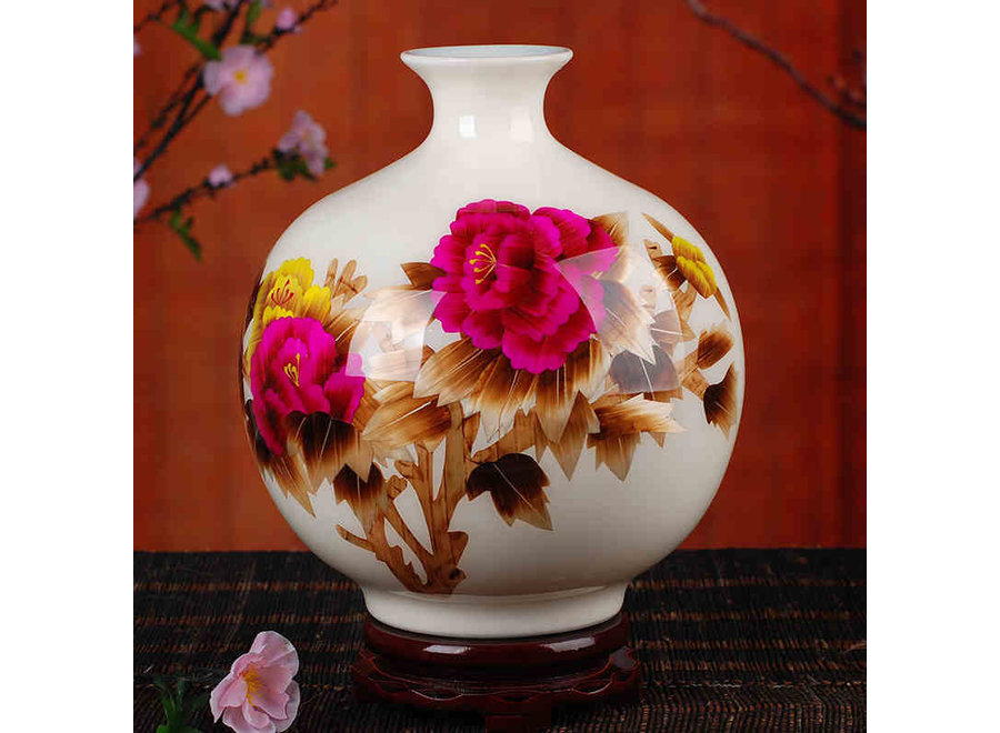 Vase Chinois Porcelaine Paille de blé Pivoine Blanc Fait Main D25xH29.5cm