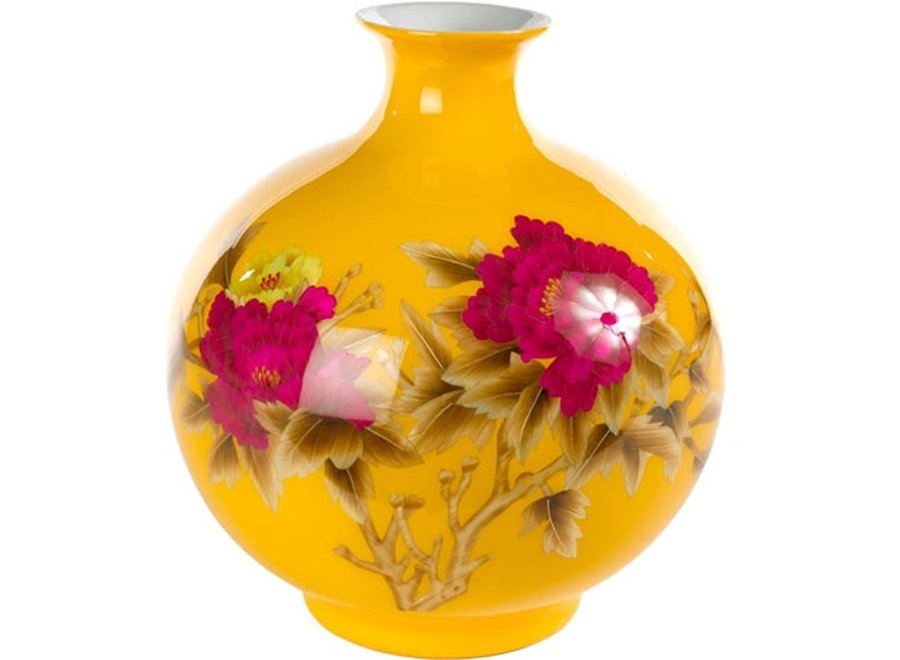 Chinese Vase Porcelain Wheat Straw Peony Yellow Handmade D25xH29.5cm