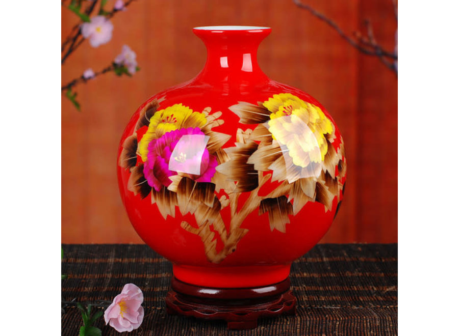 Vase Chinois Porcelaine Paille de blé Pivoine Rouge Fait Main D25xH29.5cm