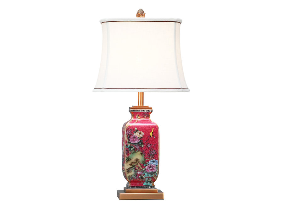 Lampe de Table en Porcelaine Chinoise Rouge Peinte à la Main L14xP14xH57cm