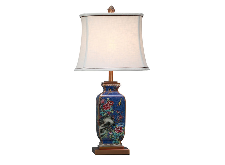 Lampada da Tavolo Cinese in Porcellana con Paralume Dipinta a Mano Blu L14xP14xA57cm