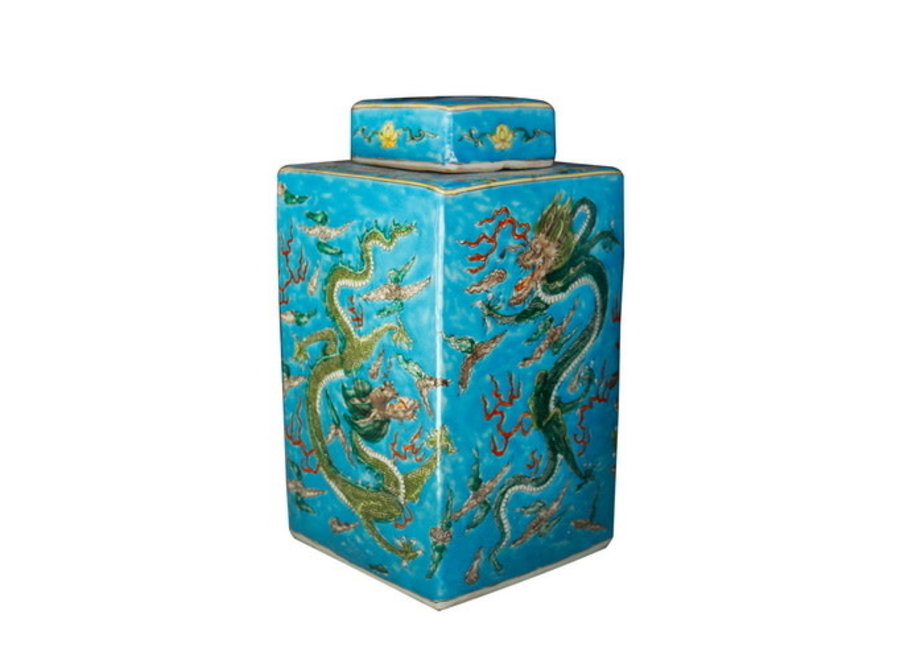 Fine Asianliving Pot à Gingembre Chinois Peint à la Main Dragon Bleu L18xP18xH34cm