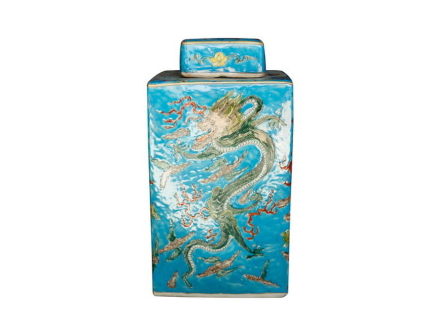 Tarro de Jengibre Chino Porcelana Dragón Pintado a Mano Azul y Blanco Anch.18 x Prof.18 x Alt.34 cm