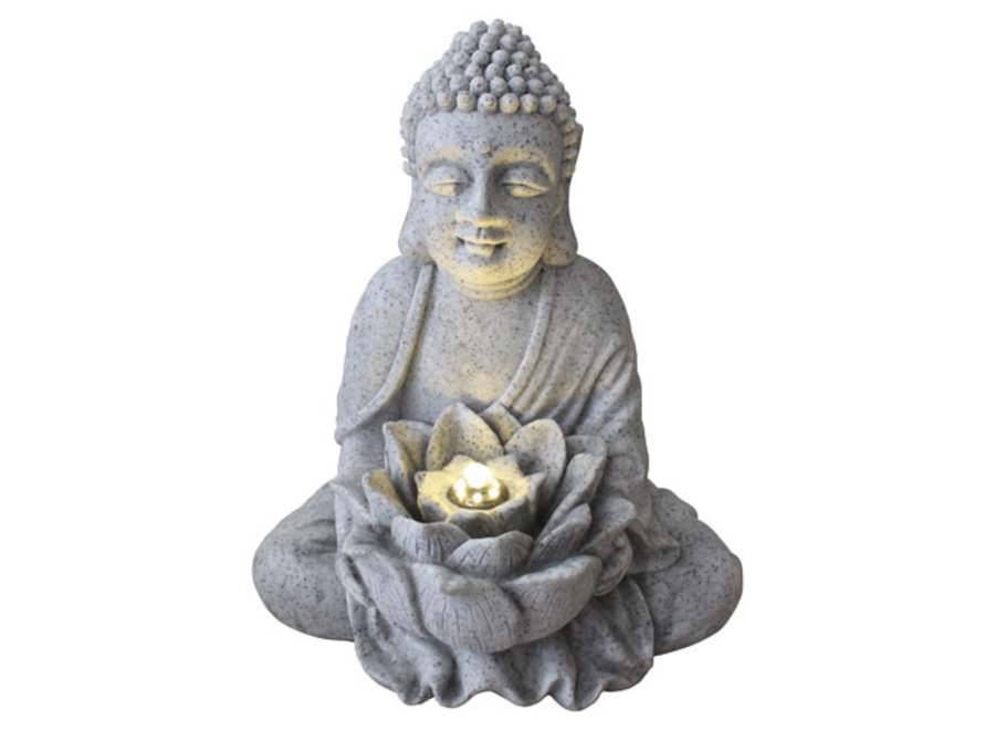 Fontana Buddha di Pietra Arenaria con Fiore di Loto 31.5x26.8x37cm