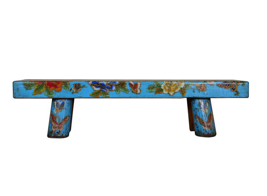 Fine Asianliving Traditional Chinese Bench Hand-painted Flowers and Butterflies Sky Blue W160xD35xH46cm