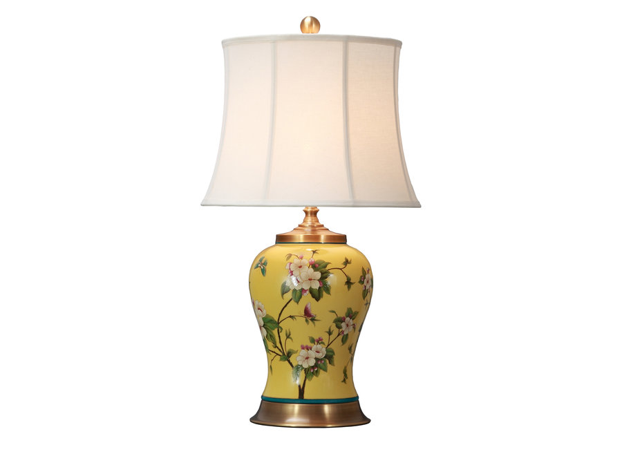 Chinesische Tischlampe Porzellan mit Schirm Handbemalt Gelbe Blumen B23xT23xH71cm