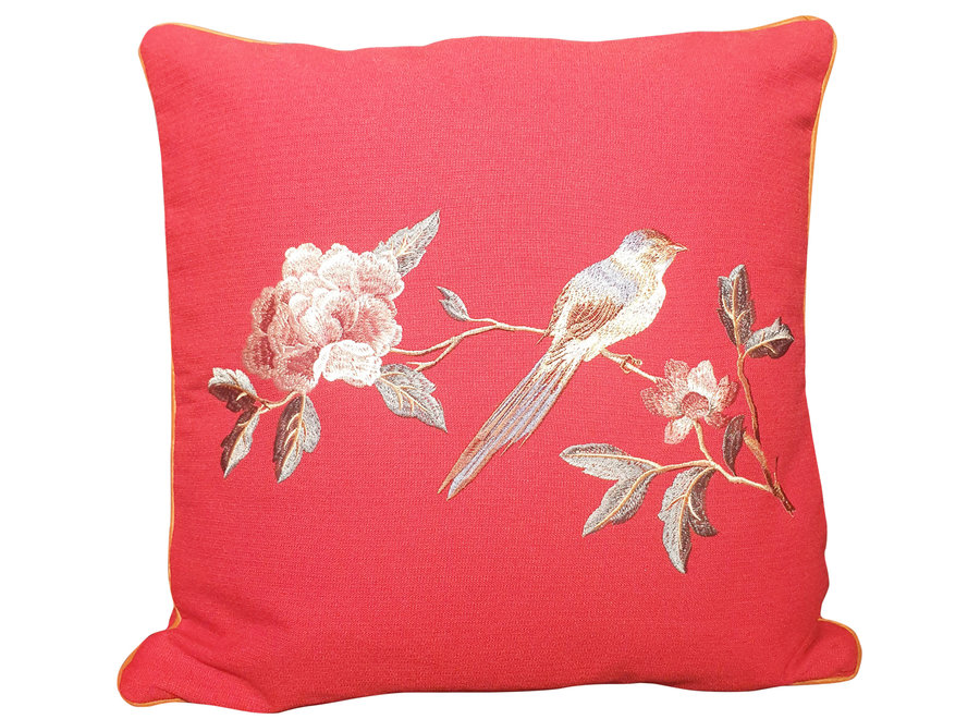 Fine Asianliving Chinese Cushion Hand-embroidered Peony Bird Red 50x50cm