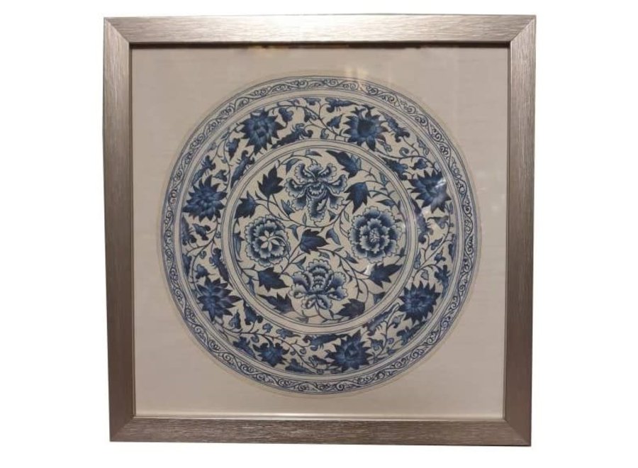 Tableau Chinois avec Cadre Assiette Porcelaine Chinoise Bleu Blanc L35xP3xH35cm