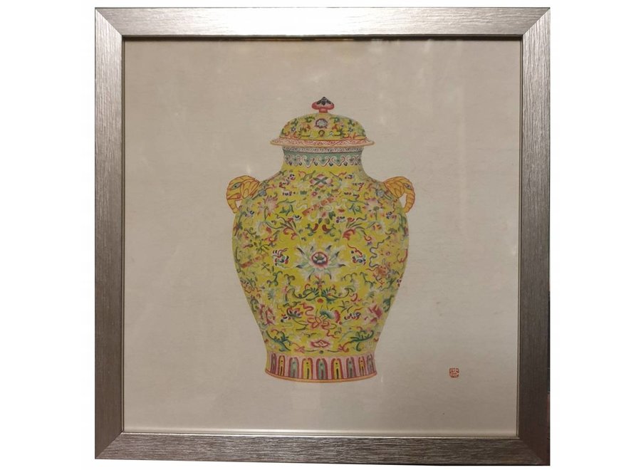 Peinture Chinoise Avec Cadre Vase Chinois En Porcelaine Jaune L35xP3xH35cm