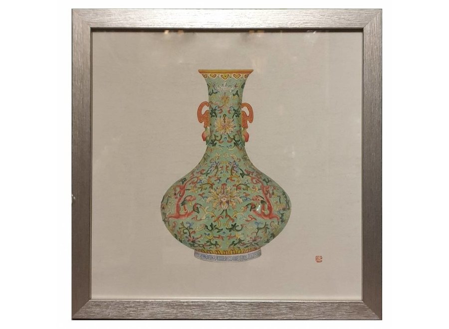 Peinture Chinoise avec Cadre Vase Porcelaine Chinoise Menthe L35xP3xH35cm