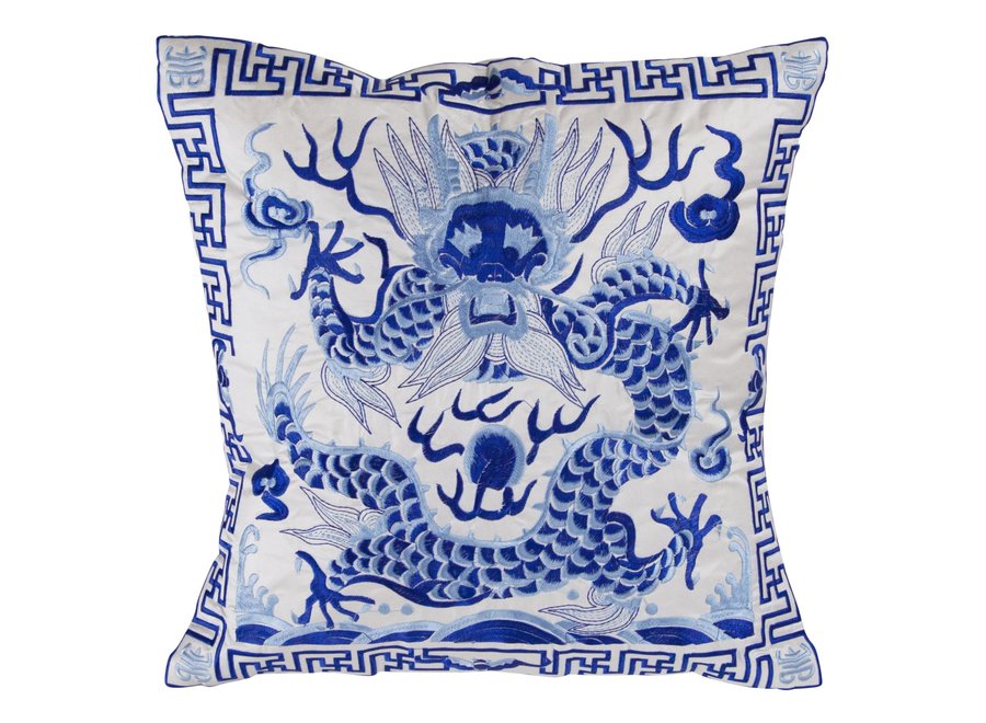 Housse de Coussin Chinoise Brodée Main Dragon Blanc 45x45cm Sans Remplissage