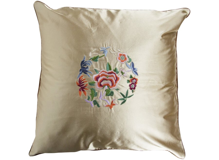 Housse de Coussin Chinois Fleurs Beige 40x40cm Sans Remplissage