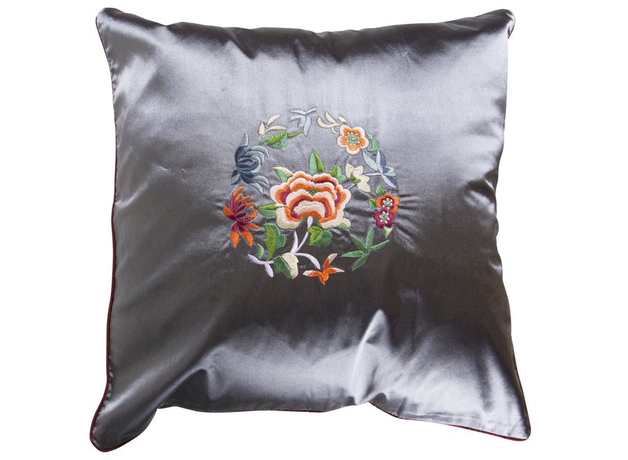 Chinese Cushion Cover 40x40cm Grey Flowers without Filling