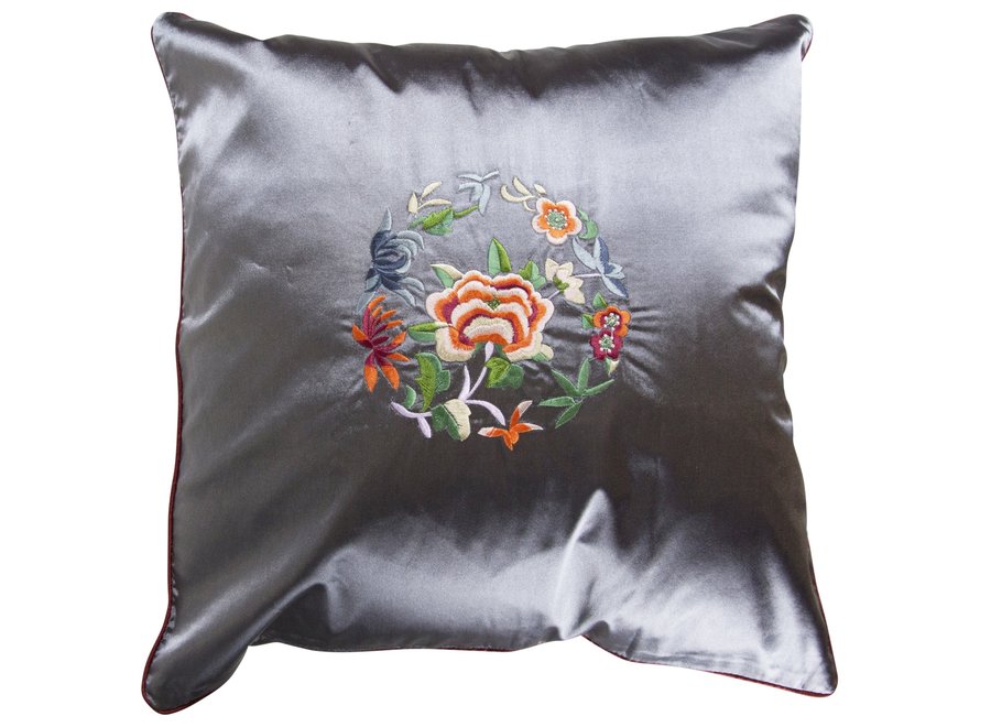 Housse de Coussin Chinoise Grise Fleurs 45x45cm Sans Remplissage