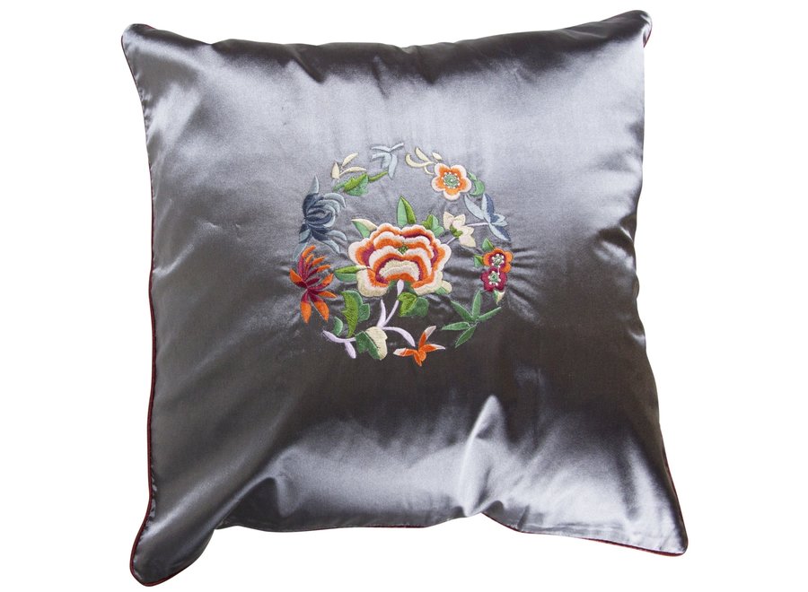 Housse de Coussin Chinoise Grise Fleurs 45x45cm Sans Remplissage