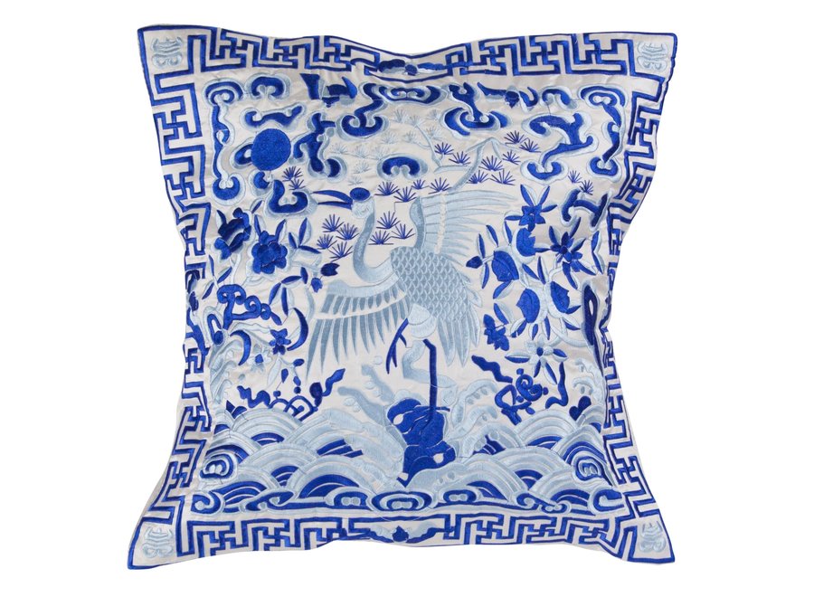 Housse de Coussin Chinoise Blanche Grue Brodée à la Main 45x45cm Sans Remplissage