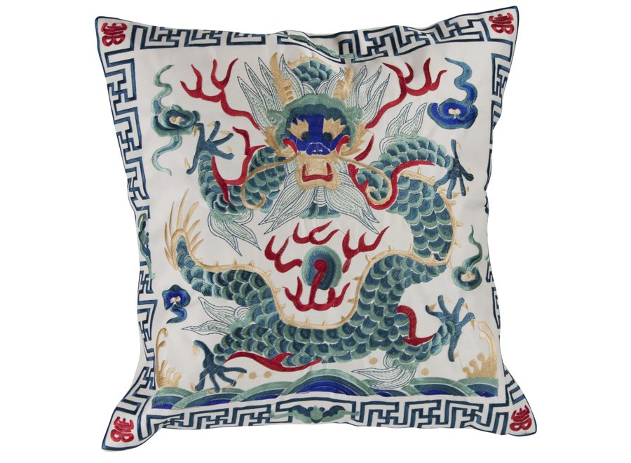 Housse de Coussin Chinoise Brodée Main Dragon Blanc 45x45cm Sans Remplissage