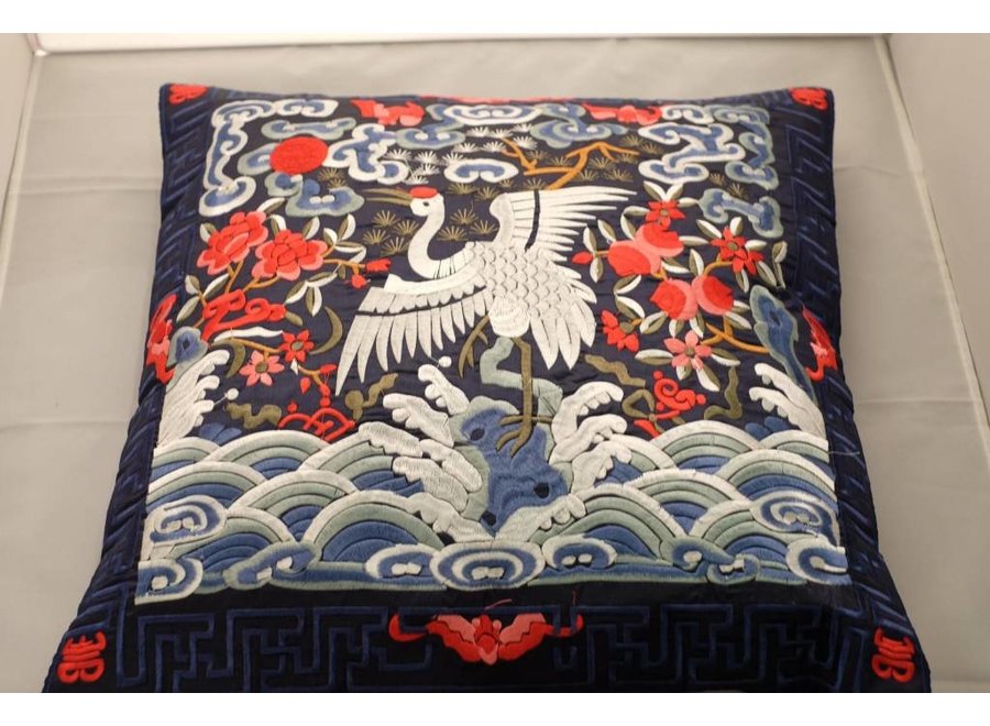 Housse de Coussin Chinoise Brodée Main Grue Blanche 45x45cm Sans Remplissage