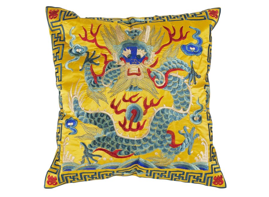 Chinesisches Kissen Handbestickter Gelber Gelber Drache 45x45cm Ohne Füllung