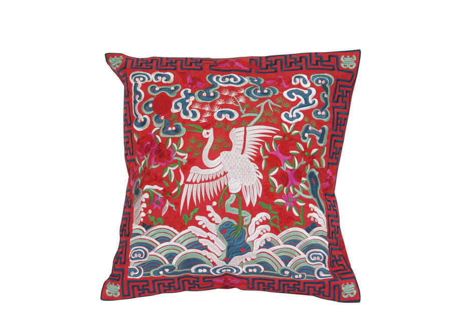 Housse de Coussin Chinoise Brodée Main Rouge Grue 45x45cm Sans Remplissage