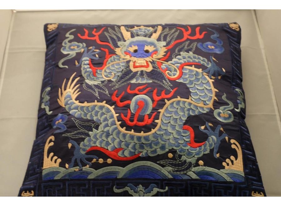 Chinese Cushion Hand-embroidered Navy Dragon 45x45cm Without Filling