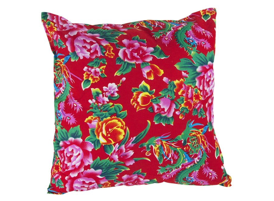 Chinese Cushion Cover Traditional Dongbei Flowers Red 45x45cm