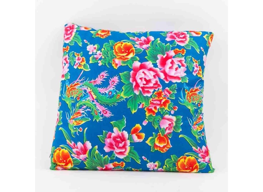 Chinese Cushion Cover Traditional Dongbei Flowers Blue 45x45cm Without Filling