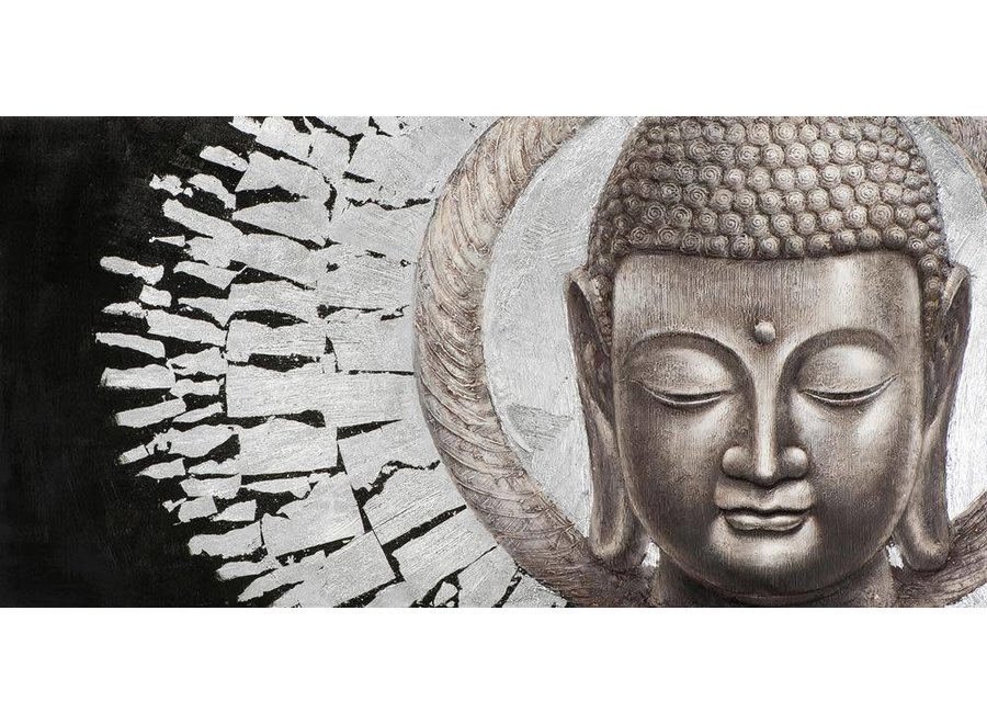 Dipinto Faccia di Buddha Sfondo Nero Paesaggio Lamina di Metallo 3D L140xA70cm