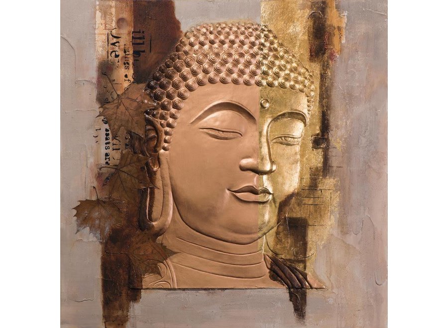 Dipinto Volto di Buddha Lamina di Metallo Dorato 3D L100xA100cm