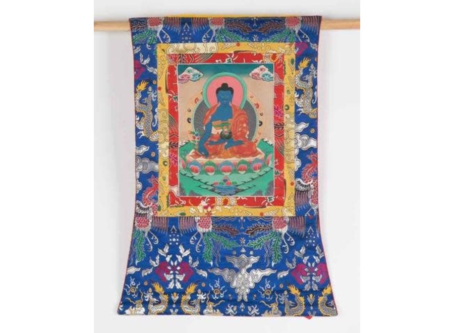 Antico Buddha Della Medicina Tibetano Thangka Dipinto a Mano e Ricamato L60xA80cm