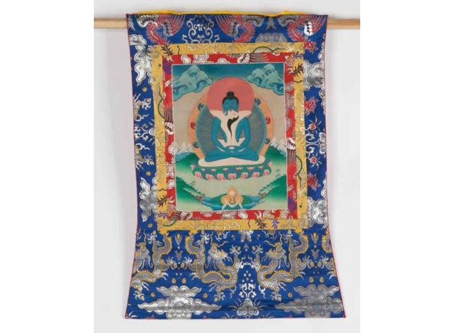 Antico Consorte Tibetano Thangka Samantabhadra Bianco Dipinto a Mano e Ricamato L60xA80cm