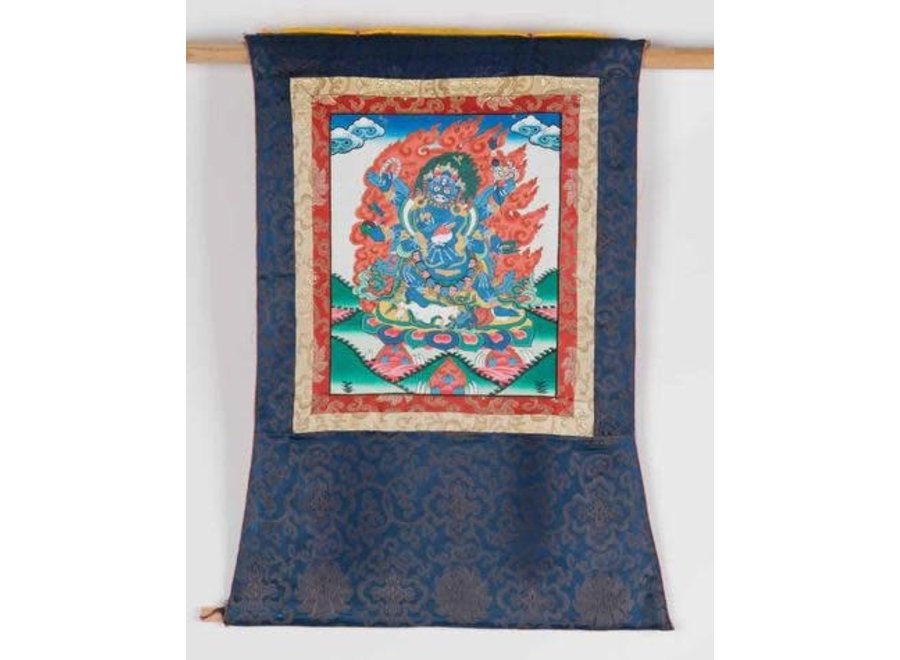 Antico Thangka Mahakala Tibetano Dipinto a Mano e Ricamato L60xH80cm