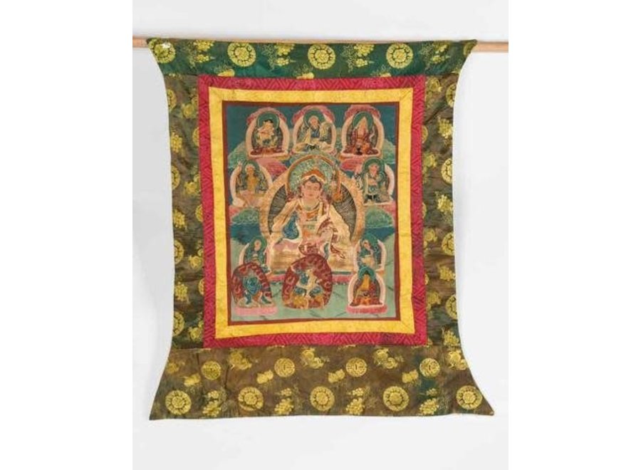 Antico Buddha Thangka Tibetano Dipinto a Mano e Ricamato Grande L90xA96cm